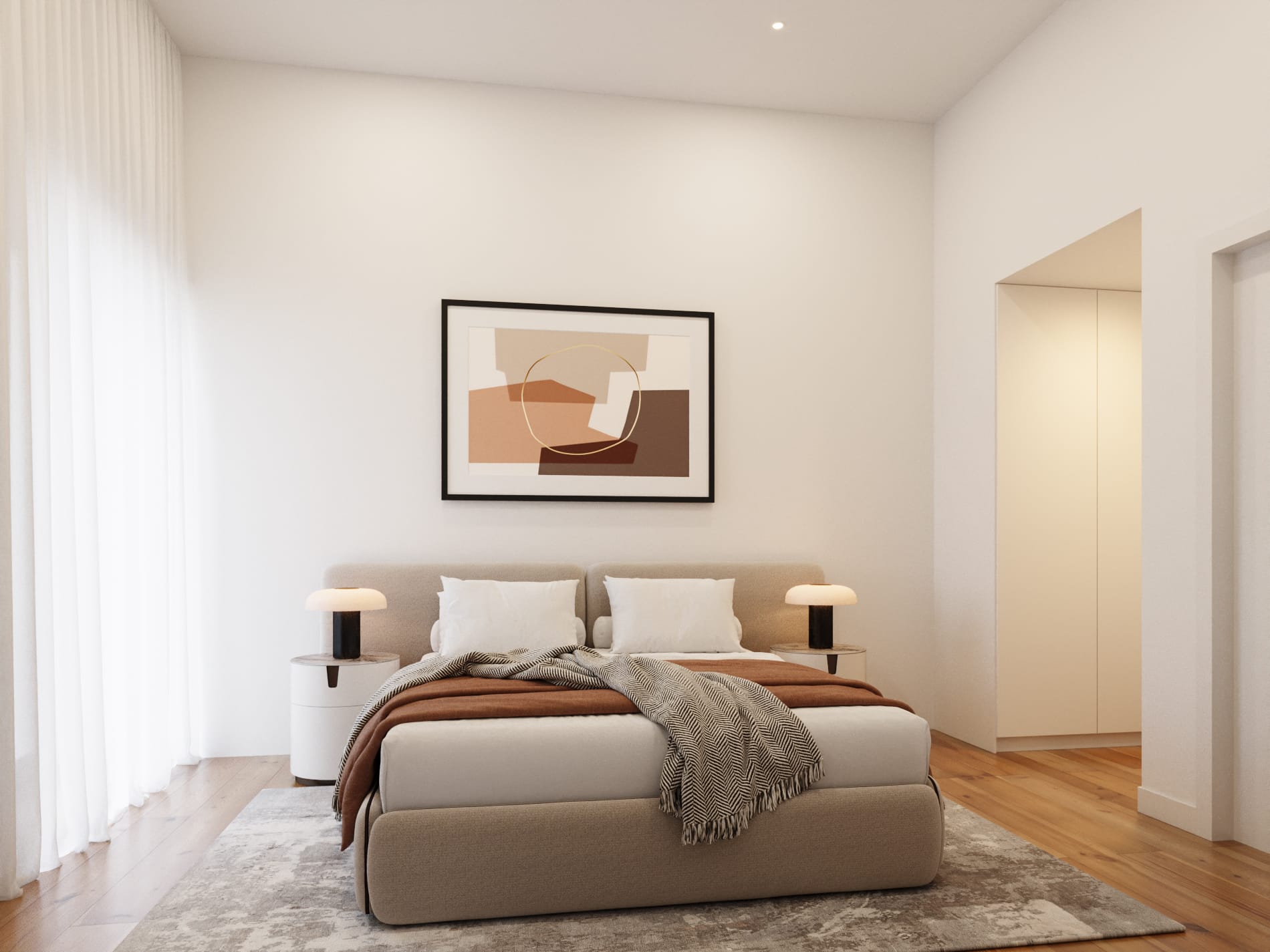 Quarto com cabeceira estofada e luz de janela