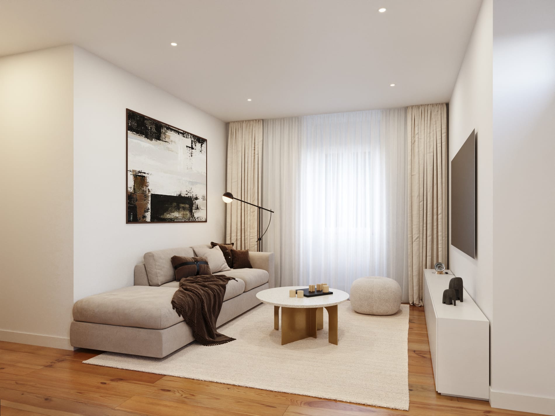 Sala com sofá de canto e televisão
